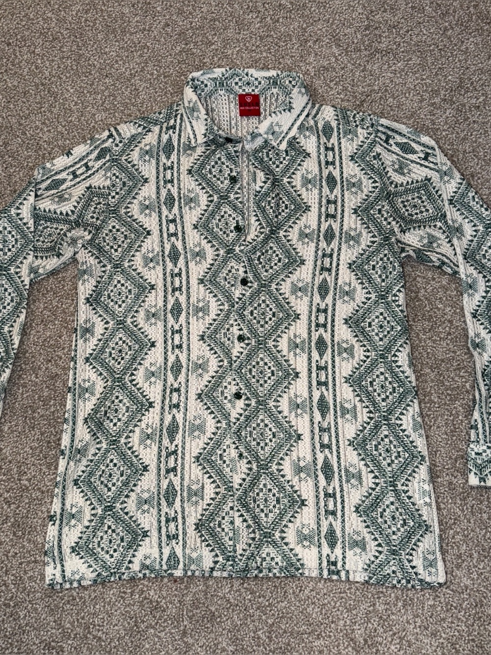 Casual Green Patterned Long-Sleeve Button Down Shirt